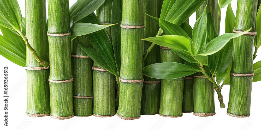 Obraz premium A close up vertical view of lush green bamboo stalks with leaves and nodes isolated on transparent background