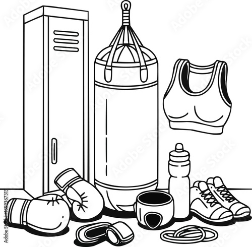Women’s Boxing Gear Line Art Set – Gloves, Wraps, Punching Bag, and Accessories