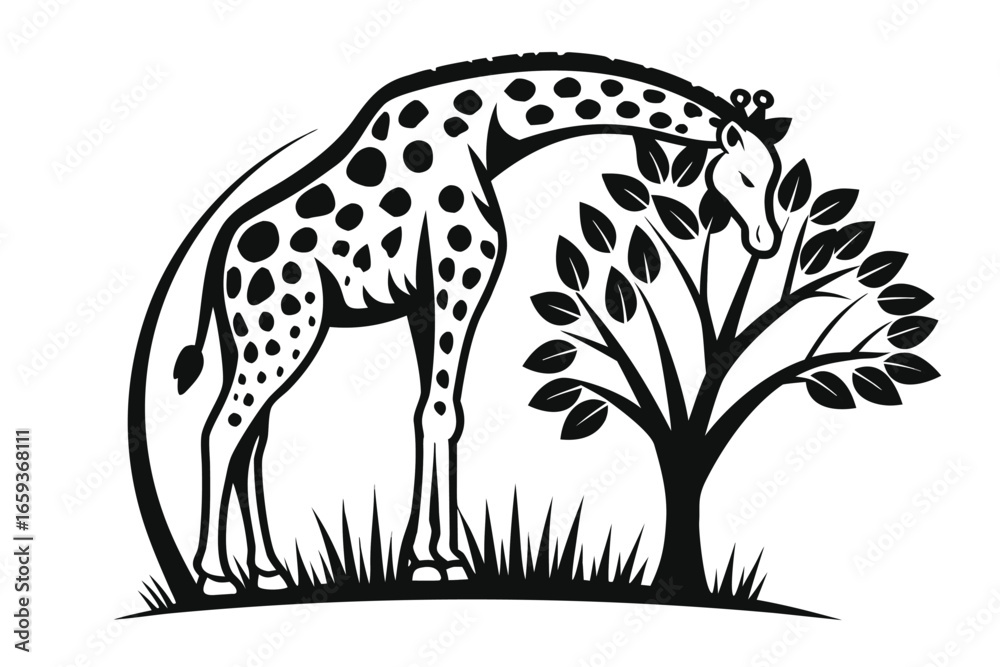 Obraz premium Giraffe with Foliage and Sparkling Star on White Background