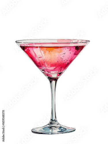 a pink watercolor coktail in a triangular glass isolated on a transparent background