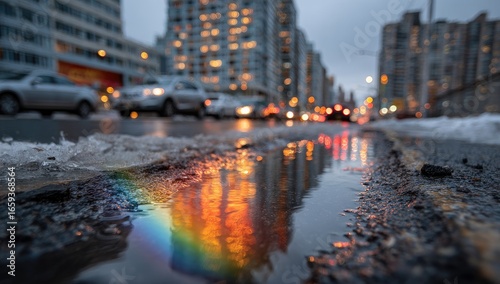 Puddle reflecting city lights, rainbow
