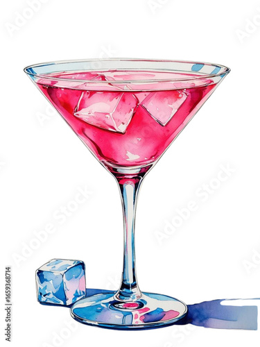 a pink watercolor coktail in a triangular glass isolated on a transparent background
