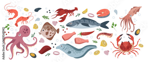 Seafood icon. Fish various, lobster, shrimp, crab and octopus. Marine underwater animal. Tuna menu, salmon in sea. Ocean creatures for restaurant menu. Vector tidy symbol cartoon flat isolated set