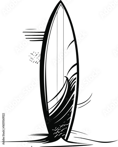 Black and white hand-drawn surfboard vector, bold smooth ink line art, minimal doodle style, abstract ocean sport silhouette, professional high-quality vector illustration 1