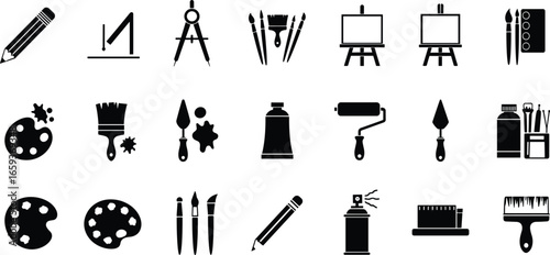 Art tools collection, pencils, compass, paintbrushes, paint tubes, roller brush, palette knife, palette, easel, spray paint, creative materials, painting supplies, drawing equipment,