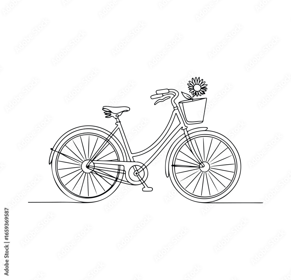 Obraz premium Cute One Line Art of Cyclist with Flower Basket – Whimsical Outdoor Lifestyle Illustration