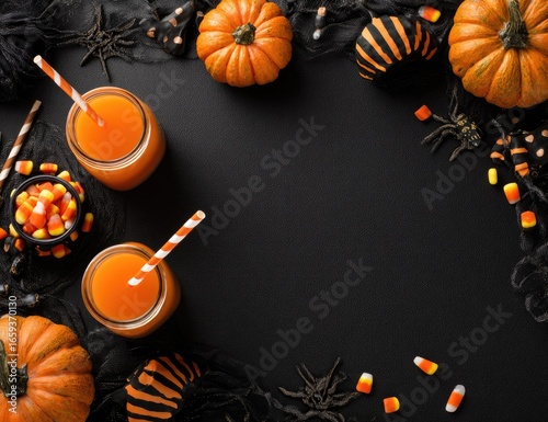 Halloween drinks and treats on black background