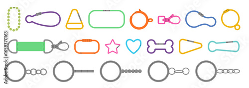 Bag for clasp. Icon of cute clip, keychain, chain element, carabiner, zipper. Doodle fastener colorful supply. Fashion clasp metal. Vector modern tidy accessories, cartoon flat style isolated set