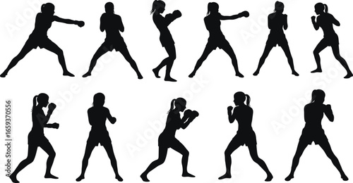 Boxing and martial arts silhouette collection with fighters in various action poses, black vector icons for combat sports, training, and fitness illustration.