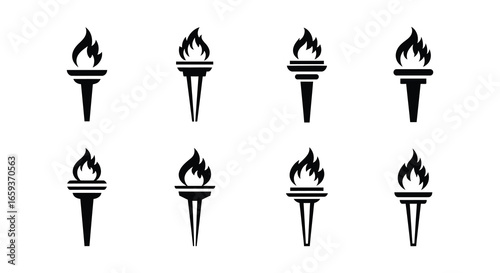 Eight black torch icons with flames on a white background