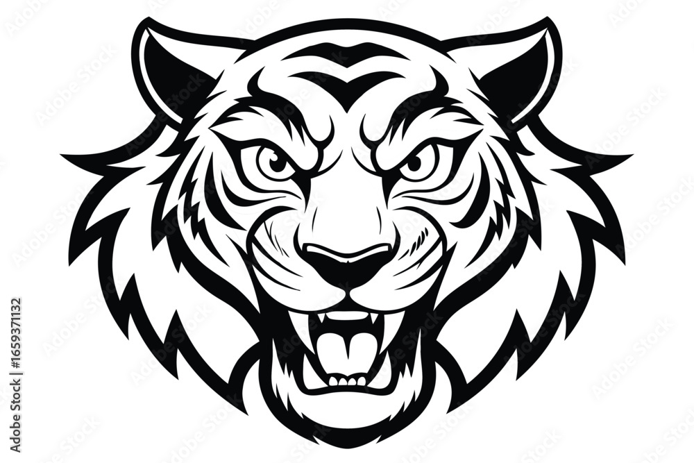 Obraz premium Outline Roaring Tiger Head Cartoon on White Background