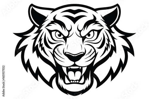 Outline Roaring Tiger Head Cartoon on White Background