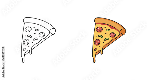 Colorful illustration of two slices of pizza one outlined and one filled
