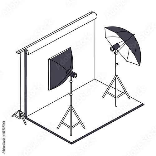 A professional photography studio setup.  Several black tripods with adjustable lighting stands and softboxes are arranged in a studio setting. The backdrop is a large, smooth, seamless white roll tha