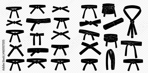 A diverse collection of black martial arts belts, illustrating various knots and tying styles as isolated vector icons.