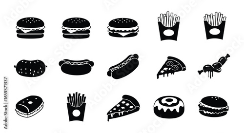 Various fast food items icons in black and white on a plain background