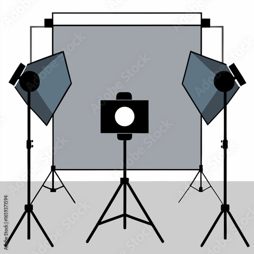 A professional photography studio setup.  Several black tripods with adjustable lighting stands and softboxes are arranged in a studio setting. The backdrop is a large, smooth, seamless white roll tha