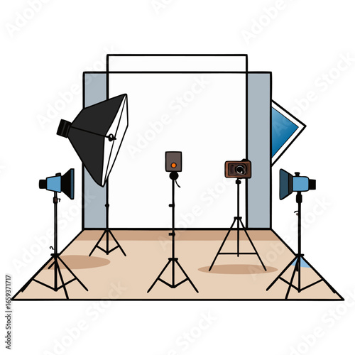 A professional photography studio setup.  Several black tripods with adjustable lighting stands and softboxes are arranged in a studio setting. The backdrop is a large, smooth, seamless white roll tha