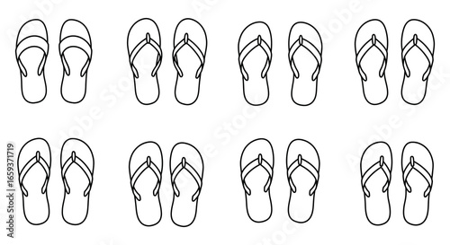 A set of black line drawings of flip flops in various orientations