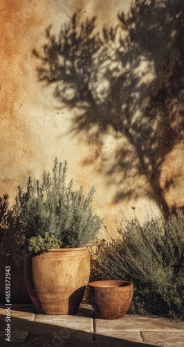 Terracotta pots with herbs, shadow on aged wall