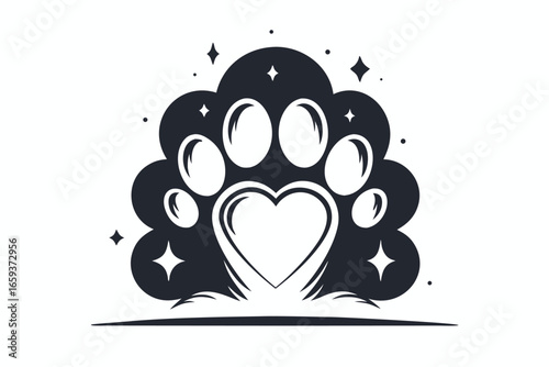 Paw Print with Heart Shape, Sparkles, Silhouette on White Background