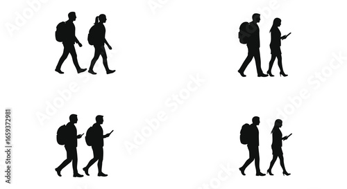 Silhouettes of people walking in various poses side by side