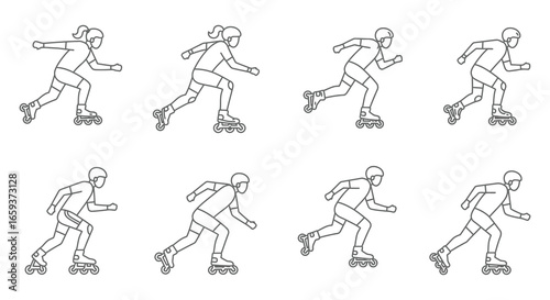 woman in various rollerblading poses on a white background