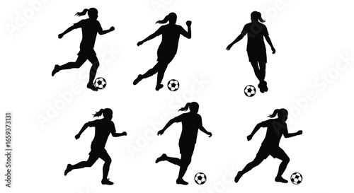 Women playing soccer silhouettes in various running and kicking positions