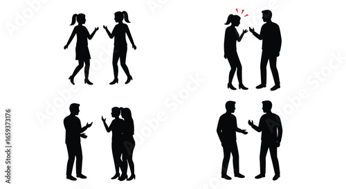 Silhouette of people talking and communicating in various social interactions