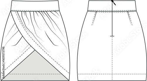 high mid rise waist draped low cut cutout asymmetric hem darted tailored zippered a line mini short skirt template technical drawing flat sketch cad mockup fashion woman design style model 
