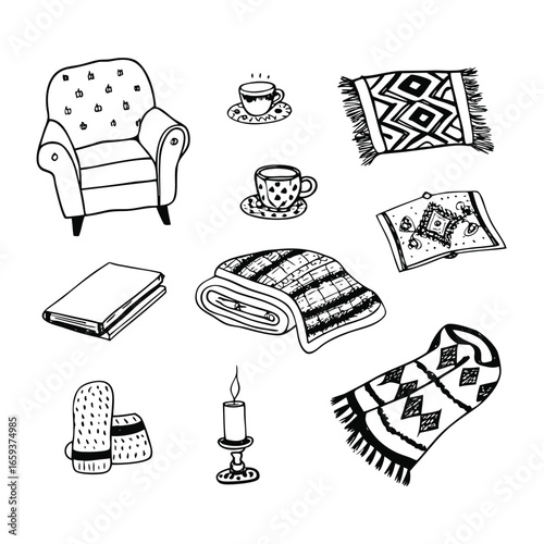 cozy home set collection of hand drawn illustrations
