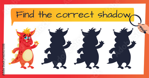 Cartoon alien. Monster character. Workbook test. Kids preschool worksheet. Identical shade shapes find. Finny bigfoot. Children quiz game. Correct troll silhouette. Vector educational puzzle design