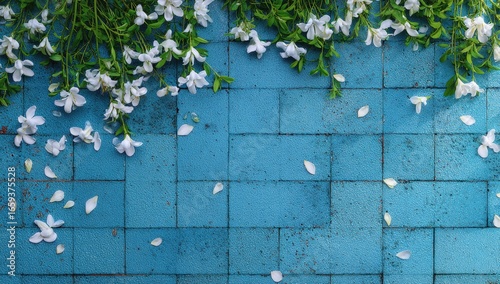 White flowers cascading on teal-blue tiled wall