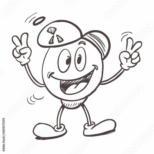 Cheerful cartoon character with a cap, radiating peace and happiness, perfect for branding, positive messaging, and lighthearted designs, originally scalable vector graphic