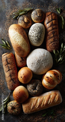 Assorted baked goods, various shapes and textures, on a dark surface