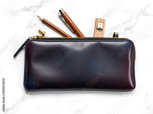 Leather pencil case with pens and sharpener on marble background  