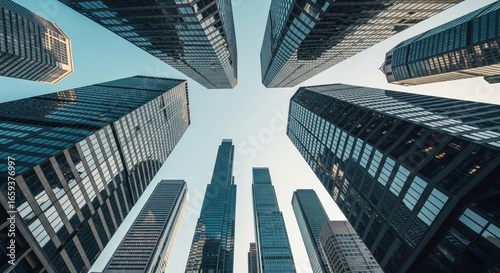 Reflective skyscraper business office buildings, bottom up view of big modern city urban landscape