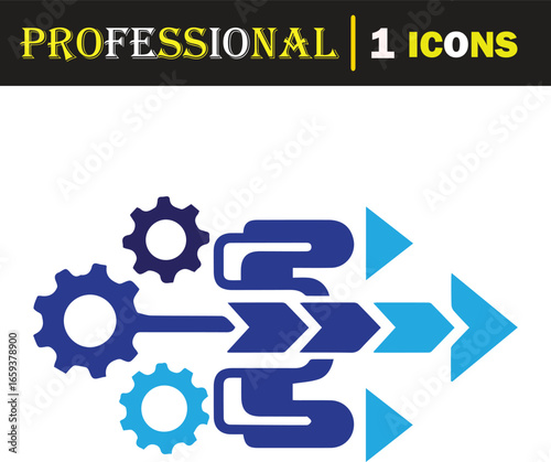 Vector art of process flow icon, depicting gears and arrows for business strategy, technology development, and system optimization concepts