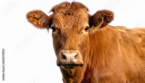 Detailed close-up of a brown cow looking directly at the camera, showcasing its unique features and expression.