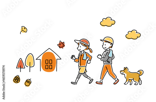 秋にウォーキングをする男女と犬のベクターイラスト