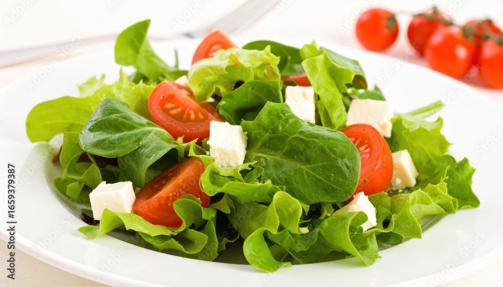 A vibrant salad featuring fresh greens, cherry tomatoes, and feta cheese, perfect for a healthy meal. A vibrant salad featuring fresh greens, cherry tomatoes, and feta cheese, perfect for a healthy meal.