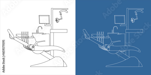 Dental chair line drawing illustration, blueprint style equipment design