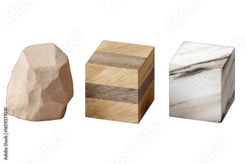 Three 3D shapes sand, wood, and marble