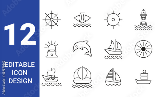 Nautical Line Icons: Sailboat, Ship Wheel, Lighthouse, Dolphin, Sun, Waves
