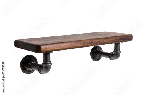 Dark wood shelf with iron pipe supports