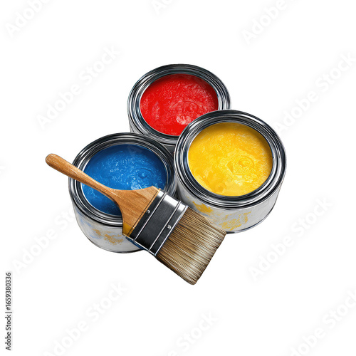 Three paint cans (red, blue, yellow) with a paintbrush
