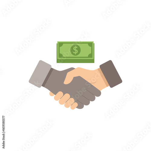 Two hands shaking with a green bill above them on a white background.