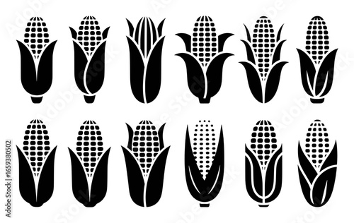 Assortment of Black Corn Icons with Varied Husks on White Background maize kernel
