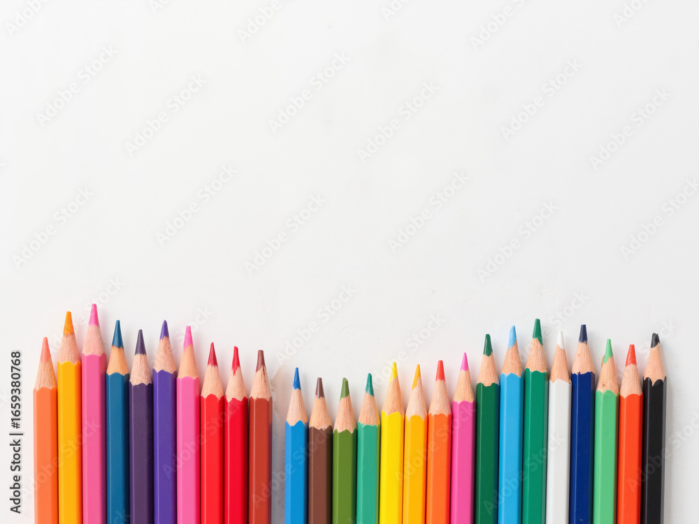 Colorful pencil crayons arranged in a wave on white background Colorful pencil crayons arranged in a wave on white background