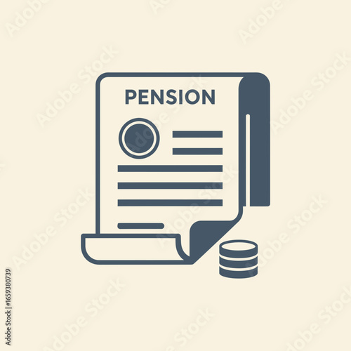 Pension document icon with coins on a beige background.